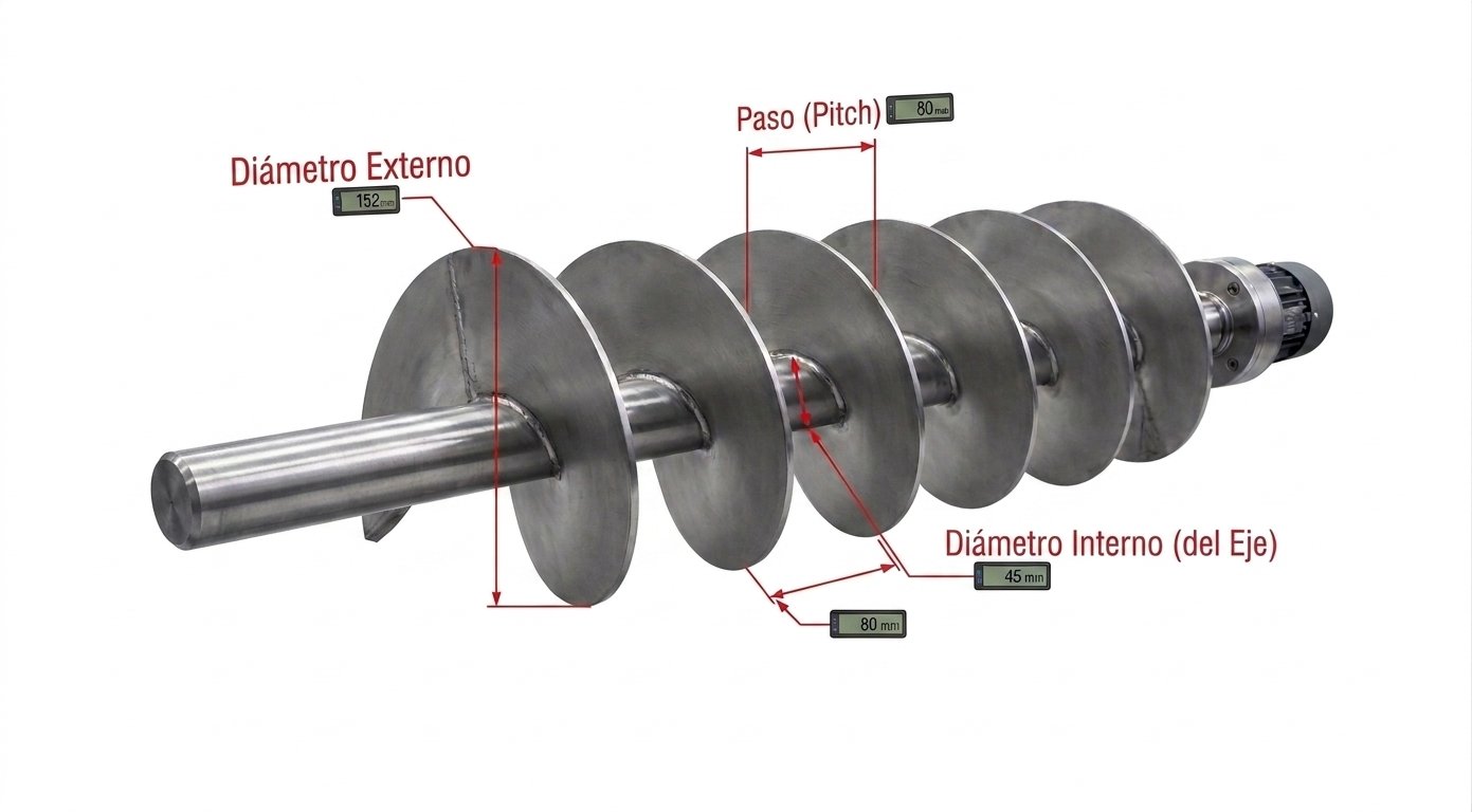 Rotor de transportador sinfín con sus medidas señaladas: diámetro exterior, diámetro interior, paso y espesor